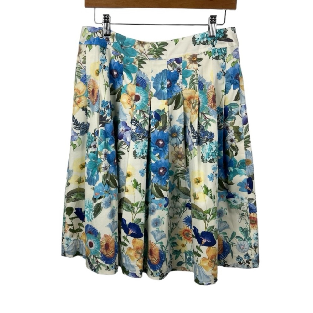 Talbots Ivory Blue Floral Pleated Aline Skirt Beautiful Sz 8